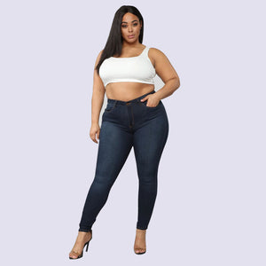 Plus Size Fashion-High Elastic Denim Pencil Pants