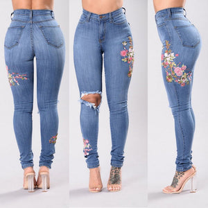 Women's denim-embroidered jeans.