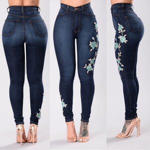 Women's denim-embroidered jeans.