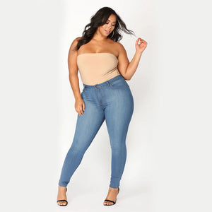 Plus Size Fashion-High Elastic Denim Pencil Pants