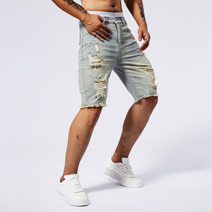 Leisure-Ripped Slim Fit-Denim Shorts.