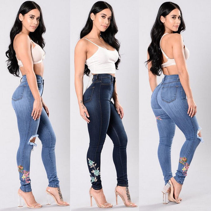 Women's denim-embroidered jeans.