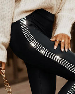 Rhinestone Small Slit Tight Trousers.