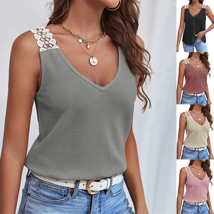 Waffle V-Neck Vest -Sleeveless Lace Tank Tops.