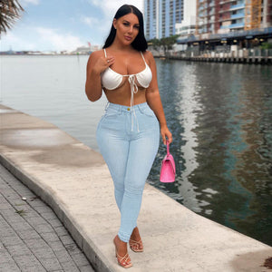 Plus size fashion-High elastic denim pants