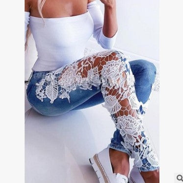 Ladies/Lace Cut-out Ruffle Jeans.