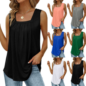 Pleated Square Neck-Sleeveless Vest T-shirt