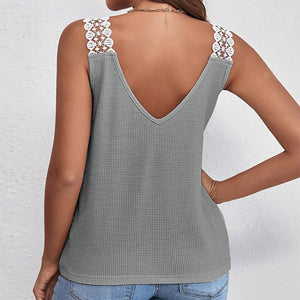 Waffle V-Neck Vest -Sleeveless Lace Tank Tops.