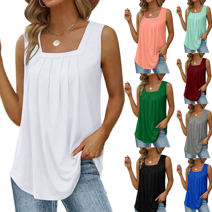 Pleated Square Neck-Sleeveless Vest T-shirt