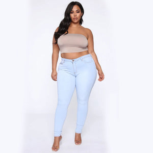 Plus Size Fashion-High Elastic Denim Pencil Pants