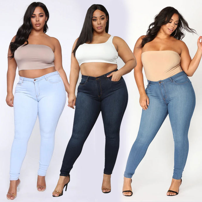 Plus Size Fashion-High Elastic Denim Pencil Pants