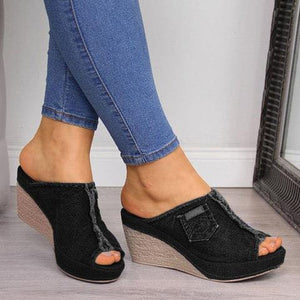 Denim high heels wedge sandals.