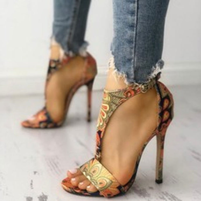 Buckle stiletto sandals-ethnic print.