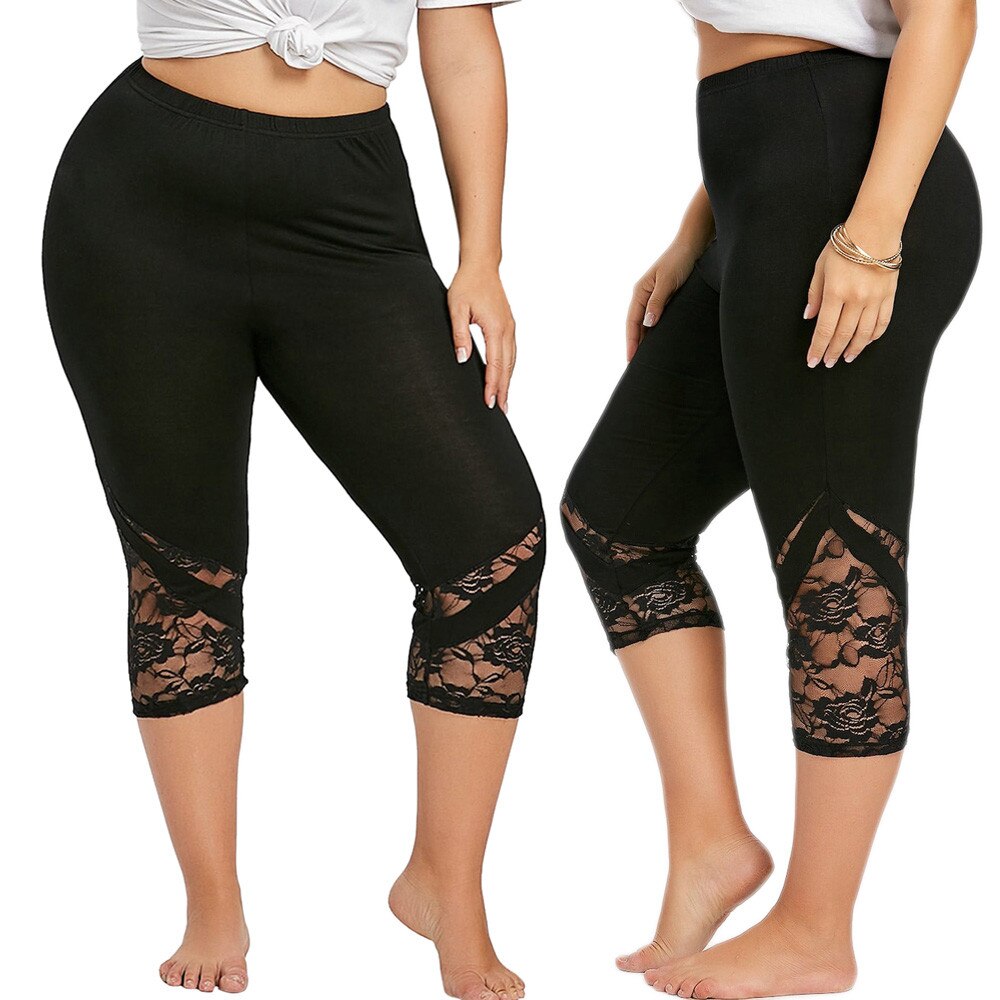 Lace stitching-plus size-cropped trousers.