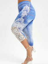 Load image into Gallery viewer, Imitation Denim-Lace Stitching Print Leggings.