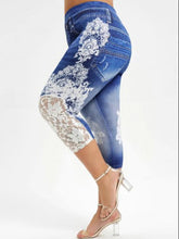 Load image into Gallery viewer, Imitation Denim-Lace Stitching Print Leggings.