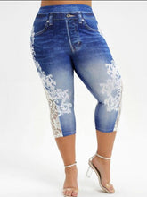 Load image into Gallery viewer, Imitation Denim-Lace Stitching Print Leggings.