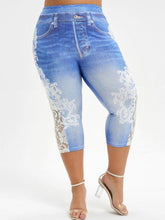 Load image into Gallery viewer, Imitation Denim-Lace Stitching Print Leggings.