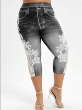 Load image into Gallery viewer, Imitation Denim-Lace Stitching Print Leggings.