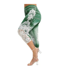 Load image into Gallery viewer, Imitation Denim-Lace Stitching Print Leggings.