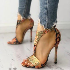 Buckle stiletto sandals-ethnic print.