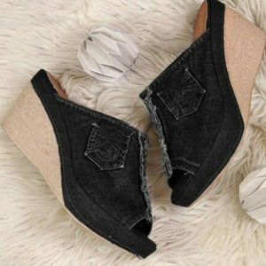 Denim high heels wedge sandals.