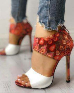 Buckle stiletto sandals-ethnic print.