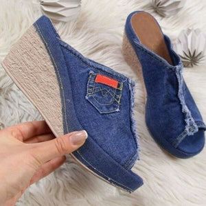 Denim high heels wedge sandals.