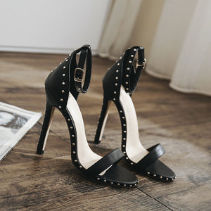 Buckle stiletto shoes- Rivet high heel sandals.