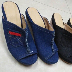 Denim high heels wedge sandals.