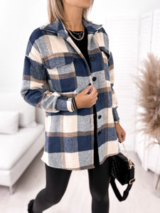 Long-sleeved Single-breasted Plaid Print Shirt, Collar Woolen Jacket.