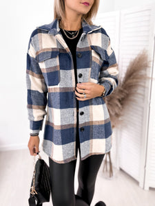 Long-sleeved Single-breasted Plaid Print Shirt, Collar Woolen Jacket.