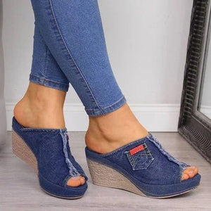 Denim high heels wedge sandals.