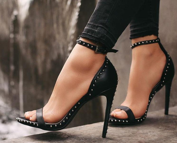 Buckle stiletto shoes- Rivet high heel sandals.