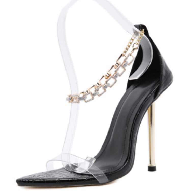 High-heeled Diamond Chain Pointed Stiletto Sandals.