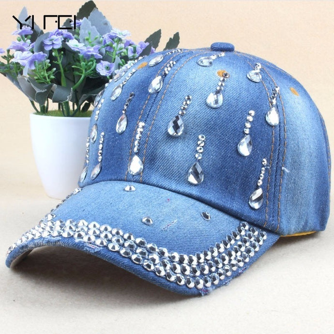 Denim Leisure baseball Cap-With Water Drop Rhinestones